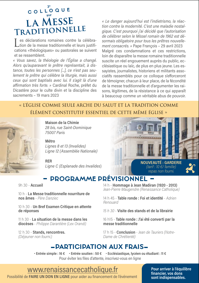 Deuxième colloque sur la Messe Traditionnelle le 23 septembre 2023 à Paris 2